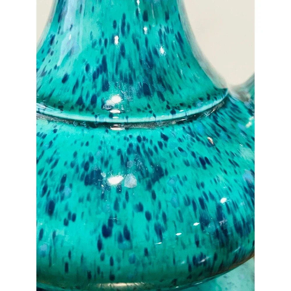 1970s Studio Pottery Genie Bottle Signed Teal Blue Speckled Glaze MCM Boho Decor
